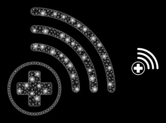 Glossy polygonal mesh net medical source icon with glitter effect on a black background. Carcass medical source iconic vector with glitter spheres in bright colors.