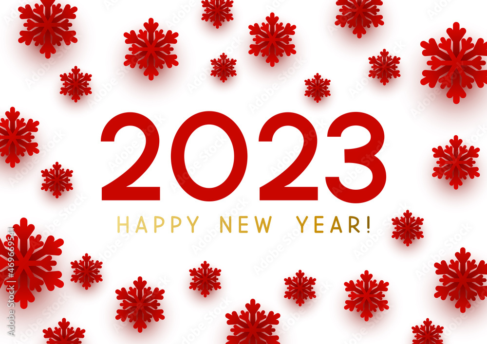 Wall mural New Year concept - 2023 numbers on white background with paper snowflakes for winter holidays design