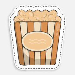 cartoon icon of doodle Packet of popcorn, bucket of airy dessert. Leisure at cinema. Vector isolated on white background