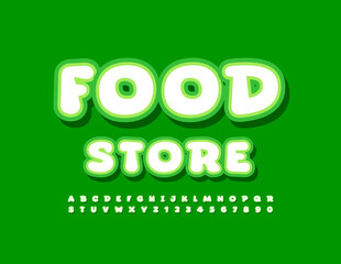 Vector modern banner Food Store with sticker Font. White and Green Alphabet Letters and Numbers set