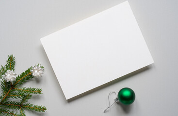 christmas card, space for text, christmas tree, christmas decorations, canvas texture, photo taken from above