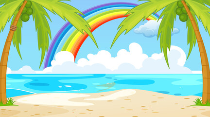 Beach landscape scene with rainbow in the sky