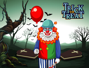 Creepy clown holding balloon on dark cemetery forest background