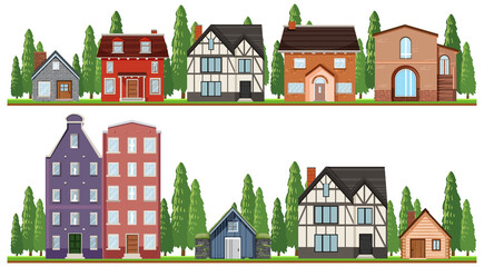 Front of country houses on white background