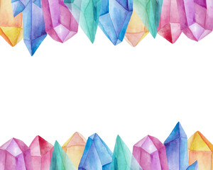 watercolor illustration with magic stones, minerals. Frame for decoration and design of postcards, booklets. Colored energy stones. Template for printing on paper, packaging.