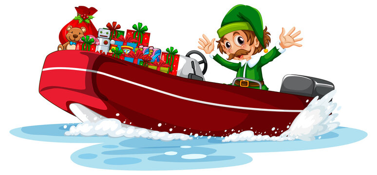 Elf on the boat with his gifts