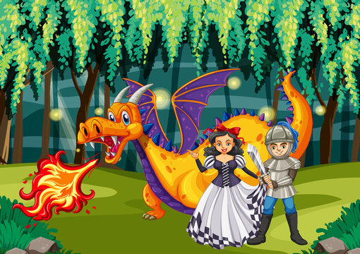 Dragon and knight in enchanted forest