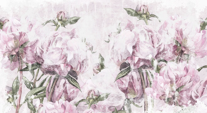 art peonies painted with pastels on a texture with shabby elements, wallpaper in a room or interior of a house