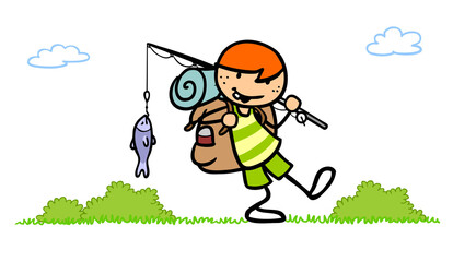 Kind mit Fisch an Angel bei Wanderung in Natur