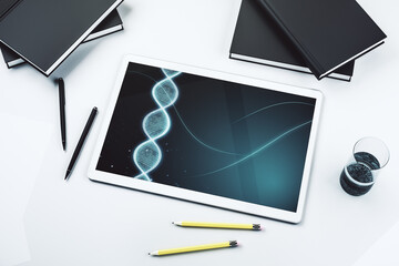 Creative DNA sketch on modern digital tablet screen, biotechnology and genetic concept. Top view. 3D Rendering