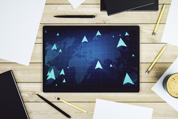 Creative abstract geolocations map sketch on modern digital tablet screen, GPS tracking and navigation concept. Top view. 3D Rendering