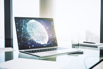 Abstract creative fingerprint hologram on modern computer monitor, protection of personal information concept. 3D Rendering