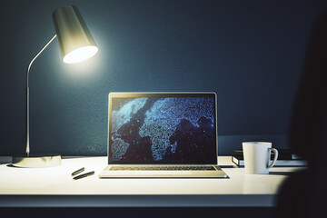 Computer monitor with abstract creative digital world map, globalization concept. 3D Rendering