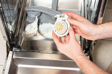 A new pump for dishwasher in the hands of a men, against the background of a disassembled dishwasher