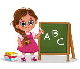 Vector illustration of primary school student in front of blackboard.