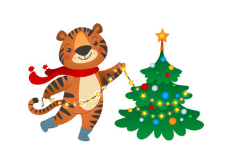 Happy New Year Illustration. Cute orange tiger decorating the Christmas tree. Christmas card flat style. Hand drawn vector illustration with Chinese new year symbol. 2022 year