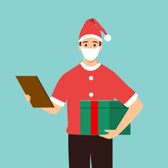 a courier wearing a protective face mask and a Christmas hat. Delivery of new year's gifts during the pandemic and quarantine of coronavirus, covid-19.