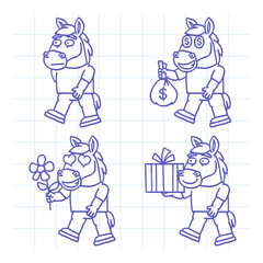 Horse character doodle set part two. Hand drawn character. Vector Illustration