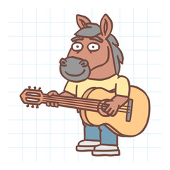 Horse character holding guitar and smiling. Hand drawn character. Vector Illustration