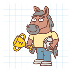 Horse character holding soccer ball holding golden cup and smiling. Hand drawn character. Vector Illustration