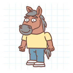 Horse character standing and smiling. Hand drawn character. Vector Illustration