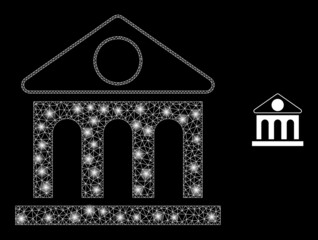 Glossy polygonal mesh net library building icon with glare effect on a black background. Network library building iconic vector with illuminated dots in bright colors.