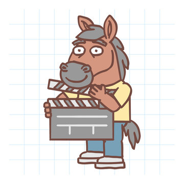 Horse character holding clapperboard and smiling. Hand drawn character. Vector Illustration