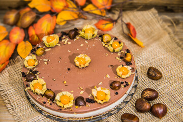 Light delicious yogurt cheesecake with physalis and chestnuts. Close up