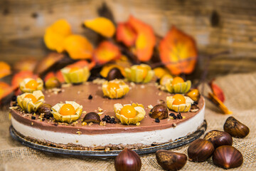 Light delicious yogurt cheesecake with physalis and chestnuts. Close up