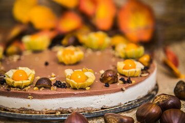 Light delicious yogurt cheesecake with physalis and chestnuts. Close up