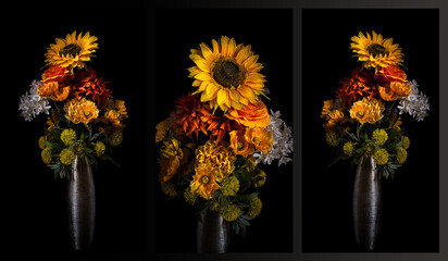 Triptych of flowers in a silver vase isolated against a black background.
