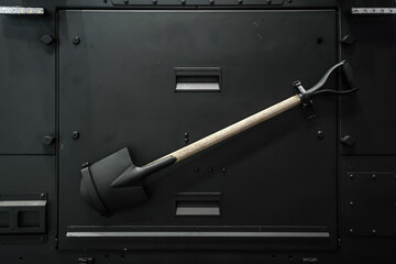 Shovel mounted on back of armoured 4wd vehicle, closeup detail