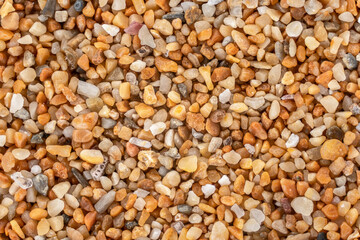 Sea sand (Ghajn Tuffieha beach, Malta) with reddish orange particles few ocean shell remains visible. Microscope photo, image width 9mm