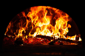 Hot flame of fire in oven