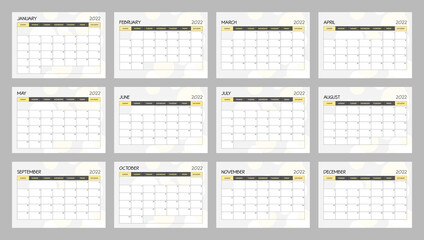 Calendar 2022 template, yellow, gray and white desk calendar design. Week start On Sunday, planner, stationery, wall calendar. Vector illustration