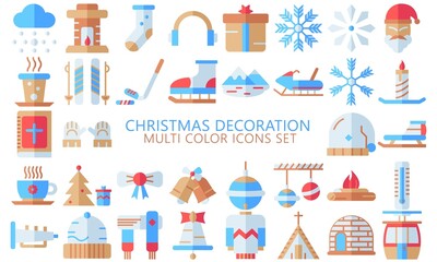 Christmas decoration multi color icons set. Winter holiday collection, snow, gloves, sled, bible and others. symbols for mobile apps, UI, UX kit and applications, EPS 10 ready convert to SVG