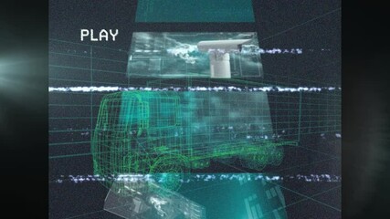 Animation of play screen with glitch and screens with data over 3d drawing model of lorry and grid - Powered by Adobe