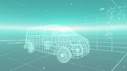 Animation of data processing over 3d drawing model of van and grid - Powered by Adobe