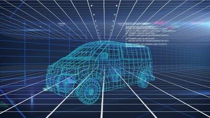 Animation of data processing over 3d drawing model of van and grid - Powered by Adobe