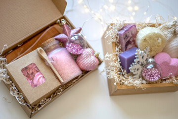Preparing self care package. Seasonal gift box with plastic free zero waste products. Flat lay. Copy space