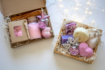 Preparing self care package. Seasonal gift box with plastic free zero waste products. Flat lay. Copy space