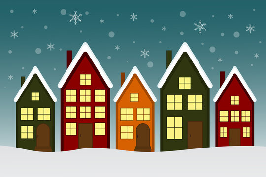 Snowfall and colorful houses in winter. Christmas night. Cute holiday design with winter landscape, snow and village houses. Suitable for greeting card.