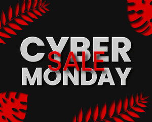 Cyber Monday Sale with black background and tropical leaves. Vector for banners , poster, flyers or web site.