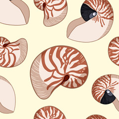 Nautilus shells colorful doodles seamless pattern. Background template of stock sea shells for wrapping design, wallpaper. Repeatable texture tile