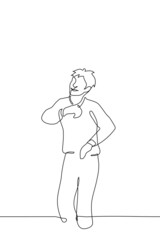 man is standing dancing - one line drawing vector. concept of dance of a lonely man who is happy and smiling. vertical illustration