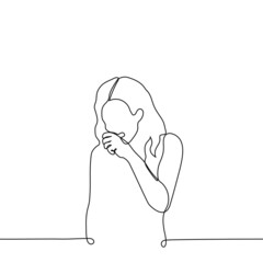 woman with long hair stands and coughs into fist - one line drawing vector. concept of yawning, sneezing, coughing