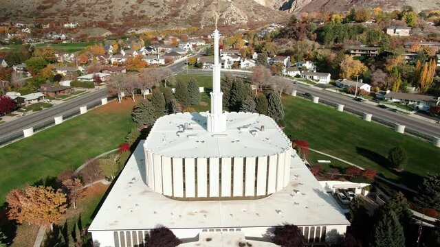 Aerial Drone Pullback shot of the Provo LDS Mormon Temple in Utah County