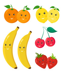 Set of cute smiling funny childish fruits. Banana, cherry, strawberry, lemon, orange. A couple of fruits. Design for the decoration of children's stationery, textiles, educational materials.