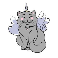 Cat with unicorn horn and wings. Cute British cat. Children's illustration for coloring pages, prints, stickers, postcards, textiles. Design element. Vector illustration. Isolated.