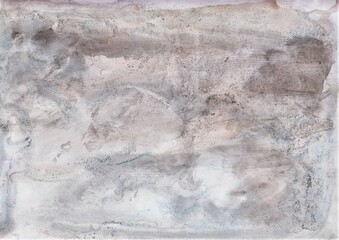 Gray-white watercolor background. Transparent lines and spots on a white paper background. Paint leaks and ombre effects. Abstract hand-painted image.